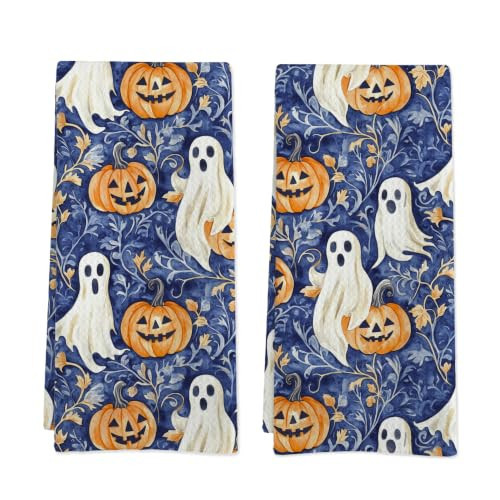 MSJAUENN Blue Halloween Pumpkin Kitchen Towels Set of 2, Halloween Fall Ghost Decorative Hand Tea Towels for Bathroom Kitchen, Blue and Orange Ghost Dish Towel, 16×24 in | Amazon (US)