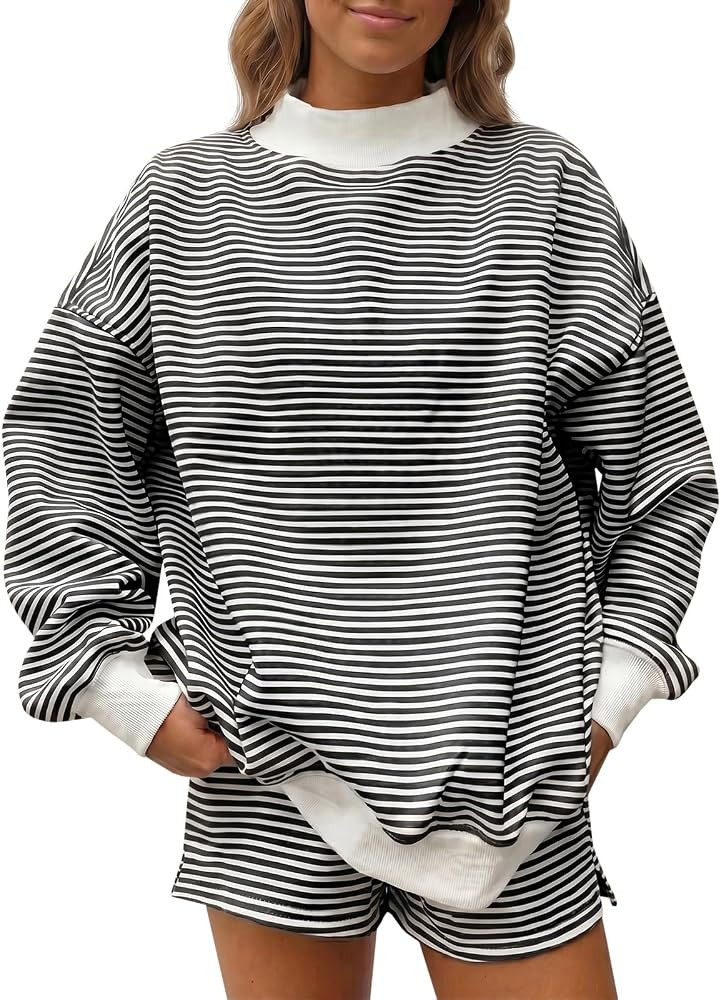 Fisoew Womens Striped 2 Piece Matching Sets Mock Neck Workout Lounge Outfit | Amazon (US)