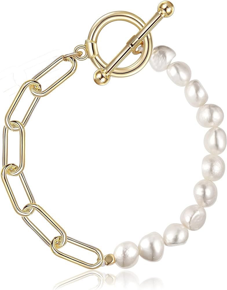 Cowlyn Paperclip Pearl Bracelet Baroque Culture Link Chain 18K Gold Plated Dainty Handmade Bangle Ch | Amazon (US)