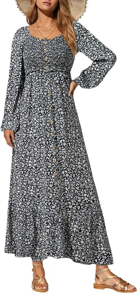 Dokotoo Womens Dresses Spring Summer 2026 Boho Floral Smocked Empire Waist Square Neck Long Sleev... | Amazon (US)