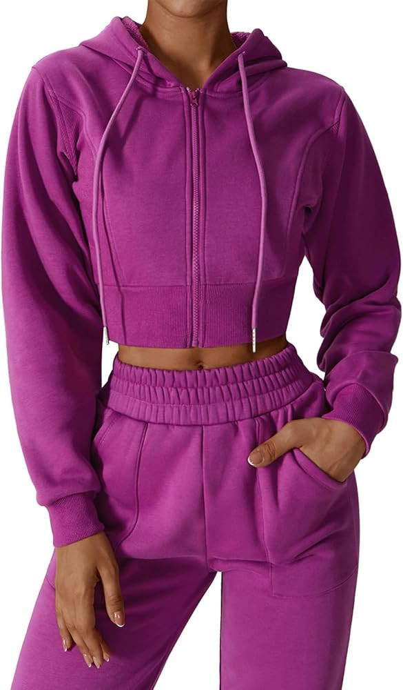 ABOCIW Women's Long Sleeve Cropped Zip Up Hoodies Sweatshirt Fall Winter Cozy Fleece Jacket | Amazon (US)