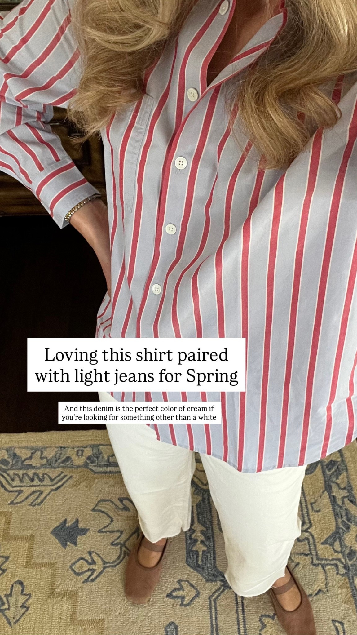 Cropped jeans spring outfit off white denim poplin striped button up womens spring style 

#LTKSaleAlert #LTKootd