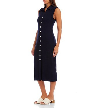 Ribbed Knit Contrast Collar Sleeveless Button Front Sheath Midi Dress | Dillard's