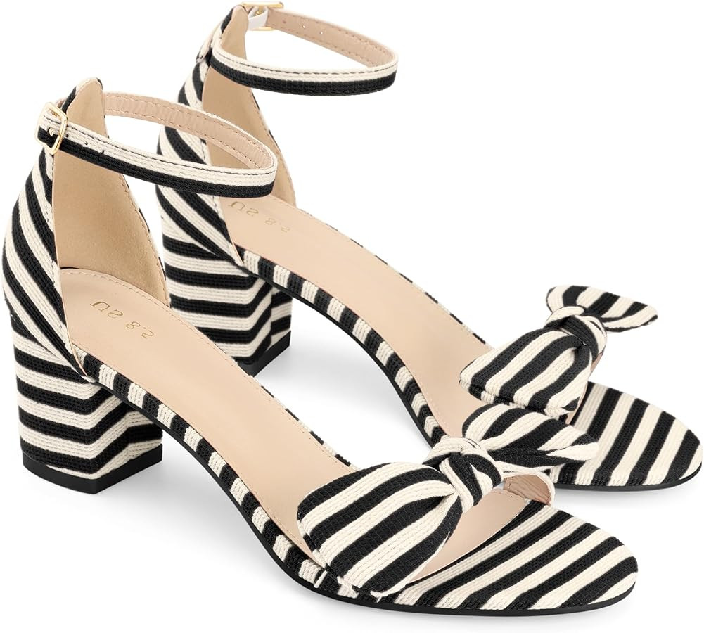 Perphy Stripe Bow Ankle Strap Chunky Heel Sandals for Women | Amazon (US)