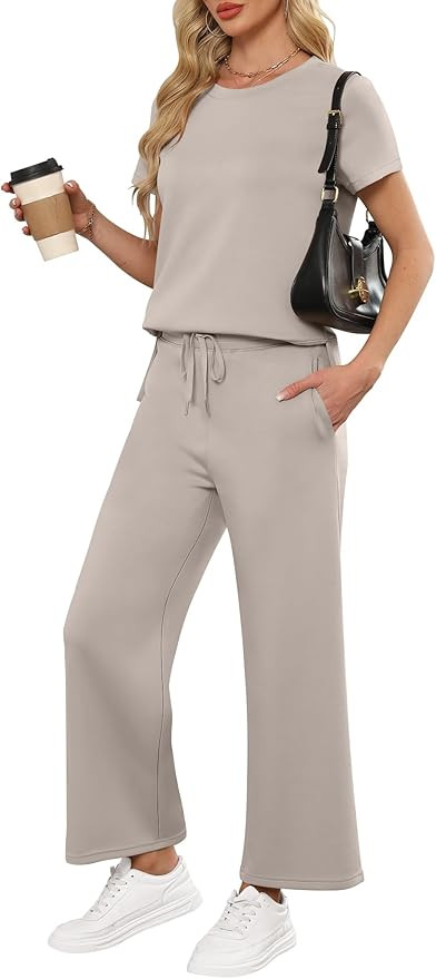 ANRABESS Women 2 Piece Lounge Sets Summer Travel Sweat Outfits Short Sleeve Wide Leg Casual Match... | Amazon (US)