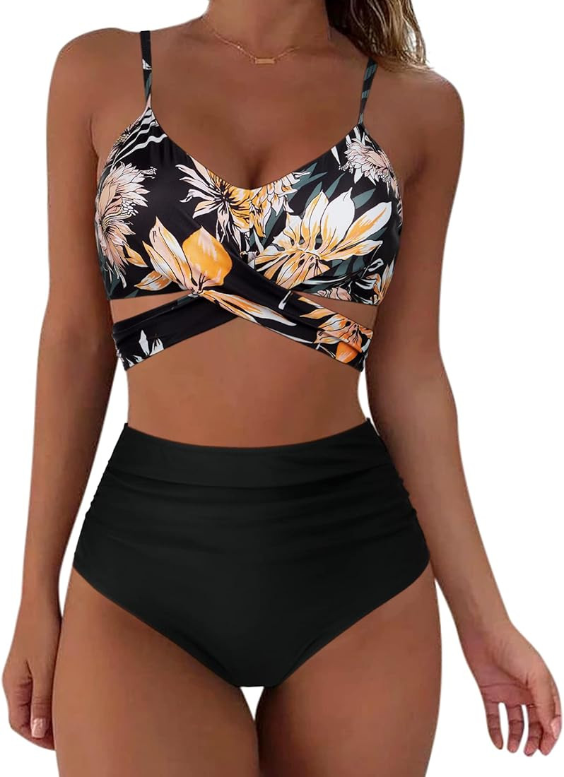 SUUKSESS Women Wrap Bikini Set Push Up High Waisted 2 Piece Swimsuits | Amazon (US)