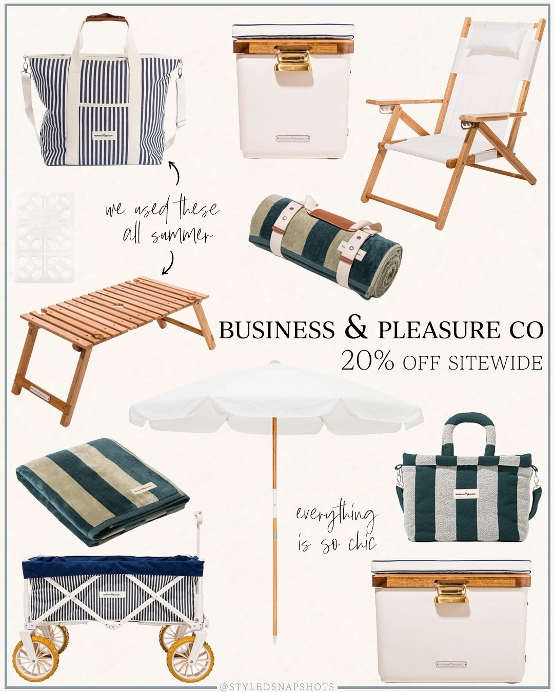 Discovered @businessandpleasureco earlier this year and cannot get over how chic all their pieces are!! The entire site is currently 20% off!! Their cooler bag and folding picnic tables were a go-to this summer and just ordered a few more pieces to finish out summer and use next year

#LTKSaleAlert