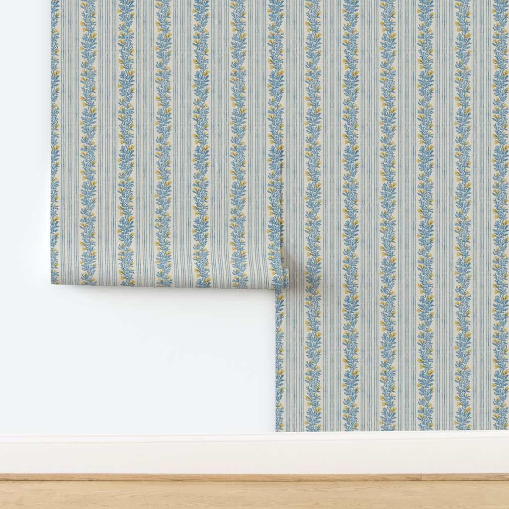 Wallpaper in Japandi Farmhouse Nouveau floral vine stripe in Royal Blue And Gold Yellow | Spoonflower