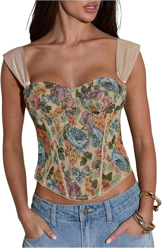 RoseSeek Women's Vintage Monet Floral Corset Tank Tops Asymmetrical Hem Lace Up Elegant Tops | Amazon (US)