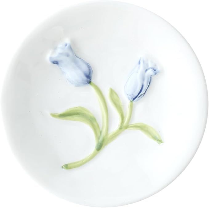 Tulip Jewelry Dish Trinket Tray,Cute Ceramic Ring Dish for Vanity Aesthetic Room Decor,4 Inch,Blu... | Amazon (US)