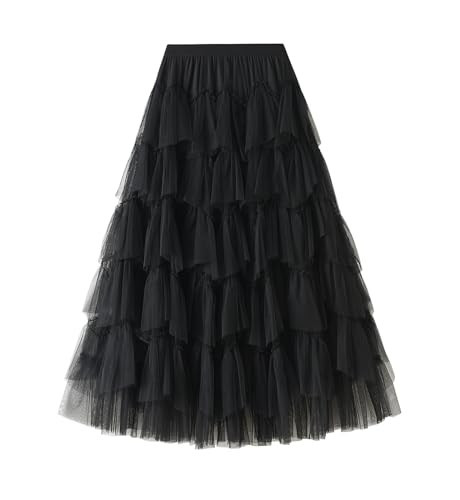 GOLDSTITCH Tulle Skirts for Women Long Fairy Skirt Tutu A-Line Mesh Layered High Elastic Waist Skirts A-Black | Amazon (US)