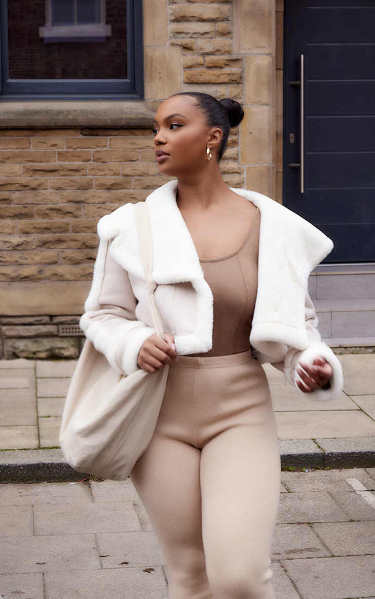 Plus Cream Faux Suede Crop Faux Fur Lined Aviator | Plus Size | PrettyLittleThing US