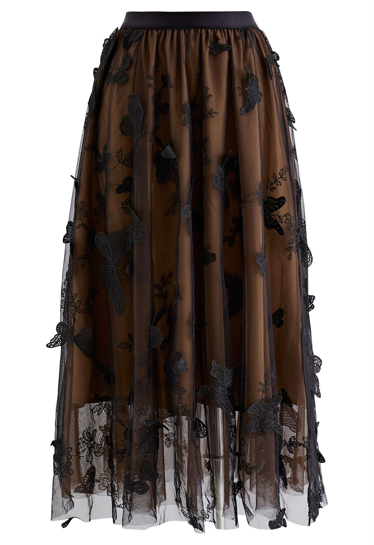 3D Butterfly Double-Layered Mesh Midi Skirt in Tan | Chicwish