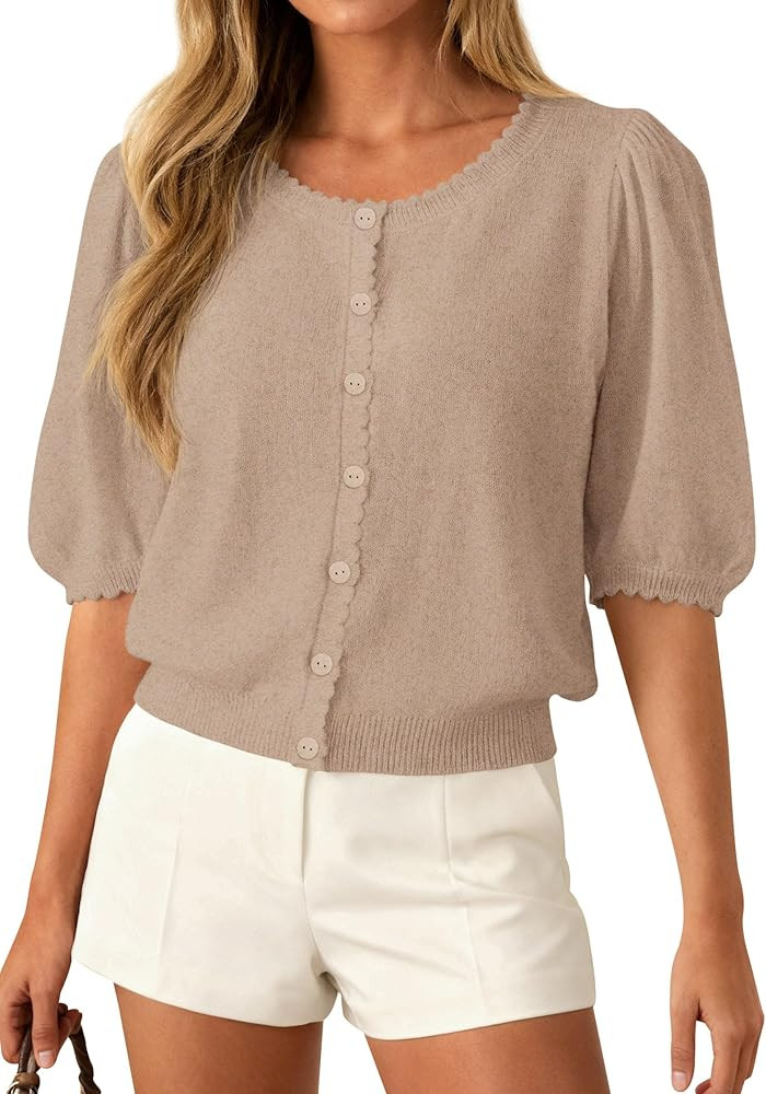PRETTYGARDEN Puff Short Sleeve Cardigans for Women Lightweight 2026 Summer Shirts Button Up Knit ... | Amazon (US)