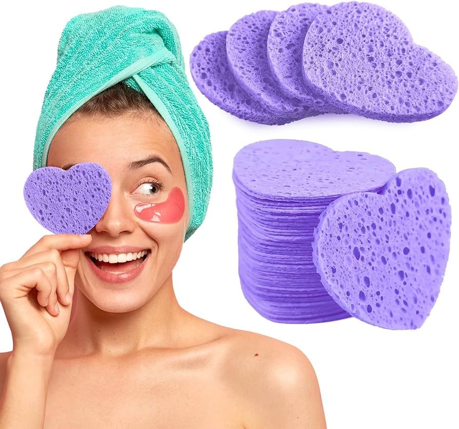 60-Count Compressed Facial Sponges for Cleansing Heart Shaped Face Sponges Washing Heart Face Exf... | Amazon (US)