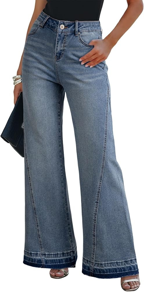 Dokotoo Jeans for Women Casual High Waisted Wide Leg Denim Pants Baggy Raw Hem Flare Jeans with P... | Amazon (US)