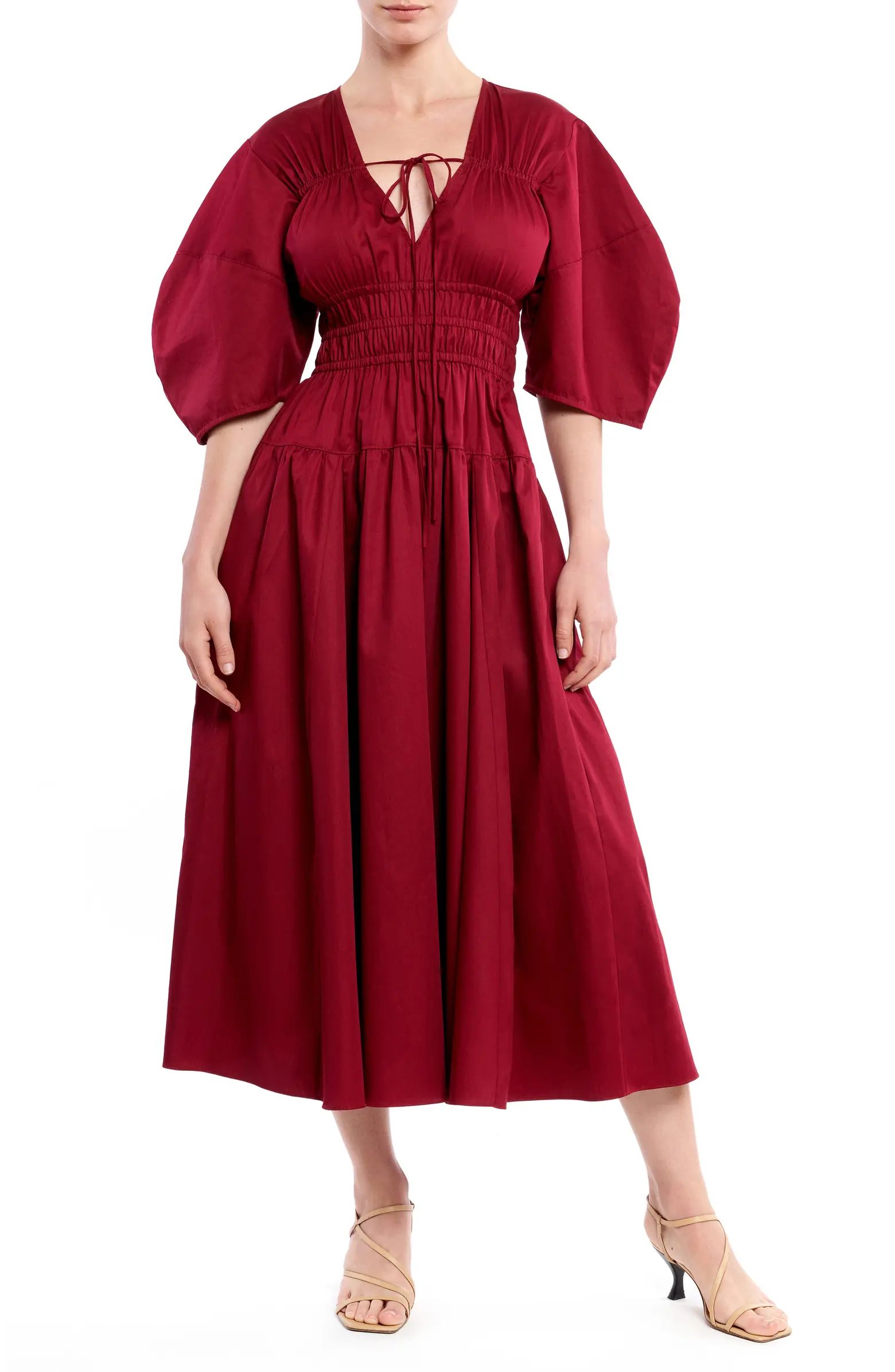 Smocked Waist Puff Sleeve Midi Dress | Nordstrom