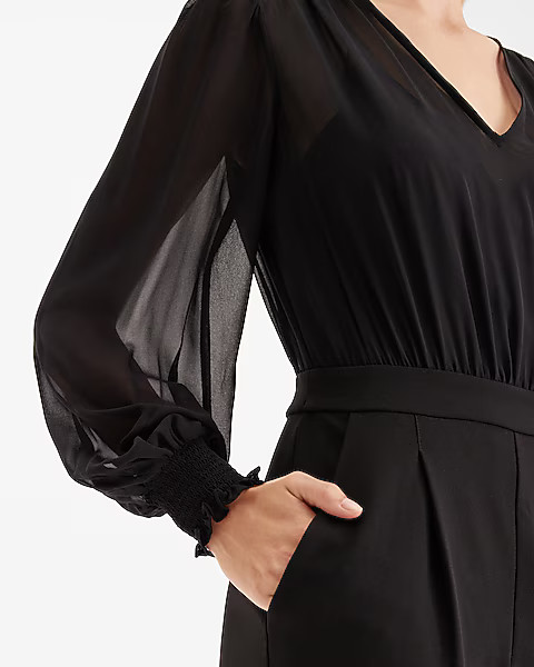 Chiffon V-Neck Long Sleeve Jumpsuit | Express
