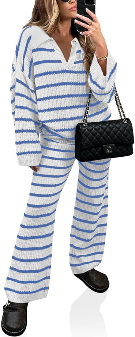 Yousify 2 Piece Sets for Women Long Sleeve V Neck Sweater Lounge Set Striped Fall Outfits 2024 S-... | Amazon (US)