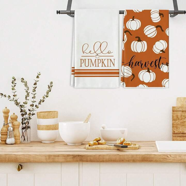 2pcs Autumn Kitchen Dish Towel 40x60cm Hello Pumpkin Thanksgiving Tea Towel Autumn Orange White R... | SHEIN