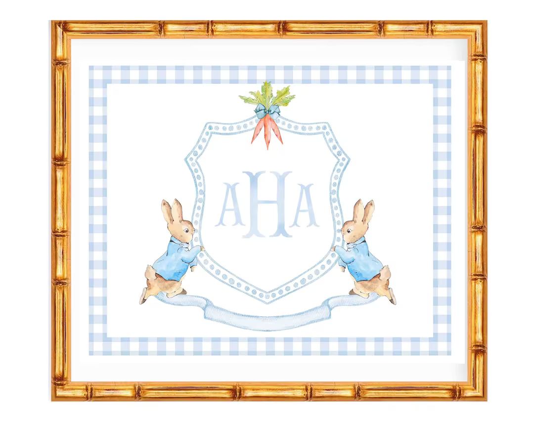 Baby Peter Rabbit Semi Custom Crest Art Print // monogram // initials // bow // girl // nursery /... | Etsy (US)