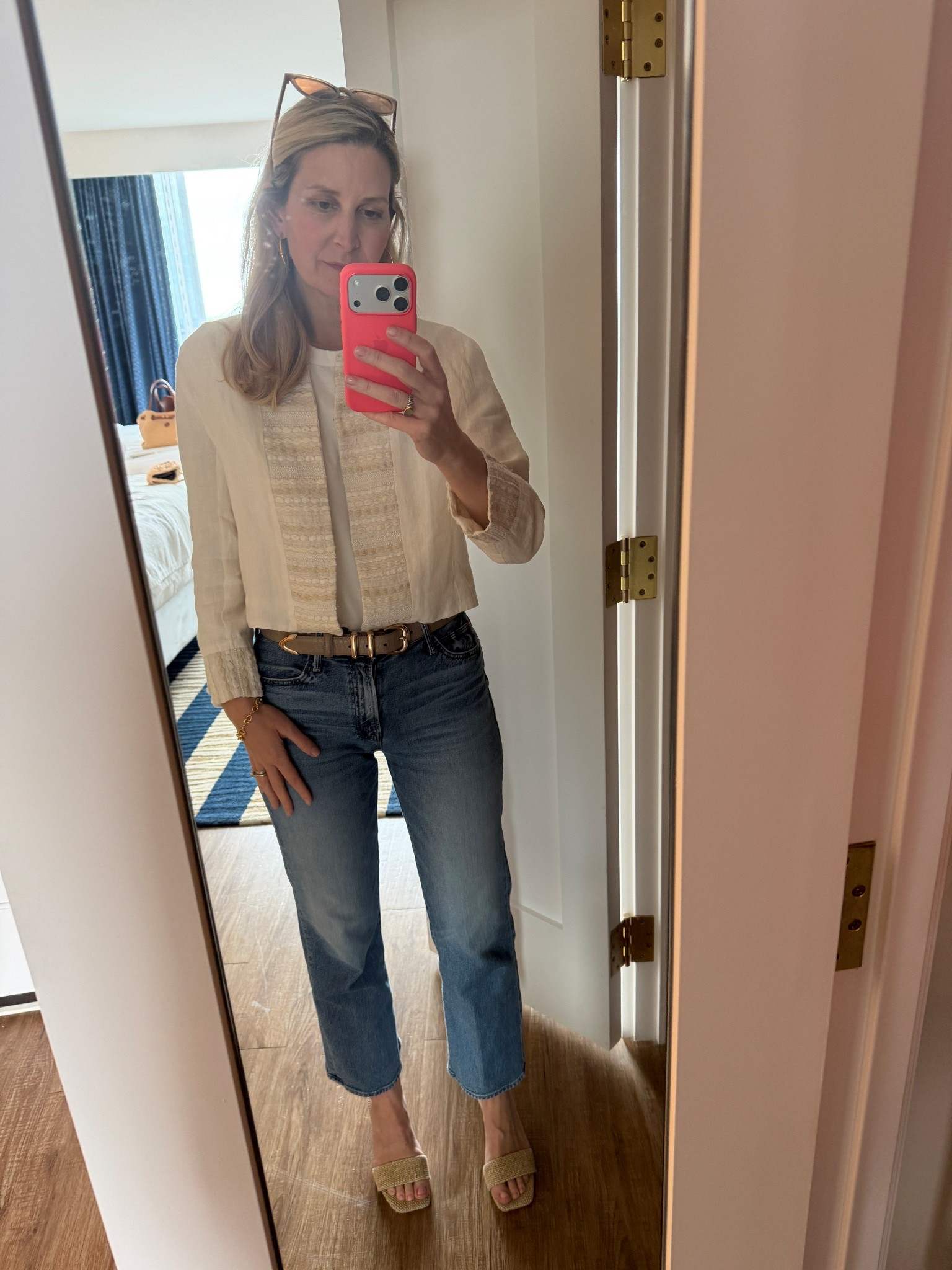 White jacket. Mother jeans. 