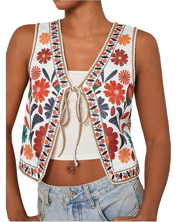 MakeMeChic Women's Floral V Neck Tank Top Sleeveless Tie Front Boho Vest | Amazon (US)