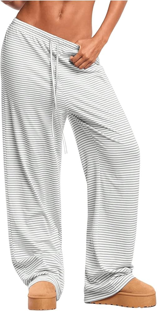 WDIRARA Women's Striped Drawstring Elastic Waist Pants Wide Leg Loose Lounge Pants | Amazon (US)