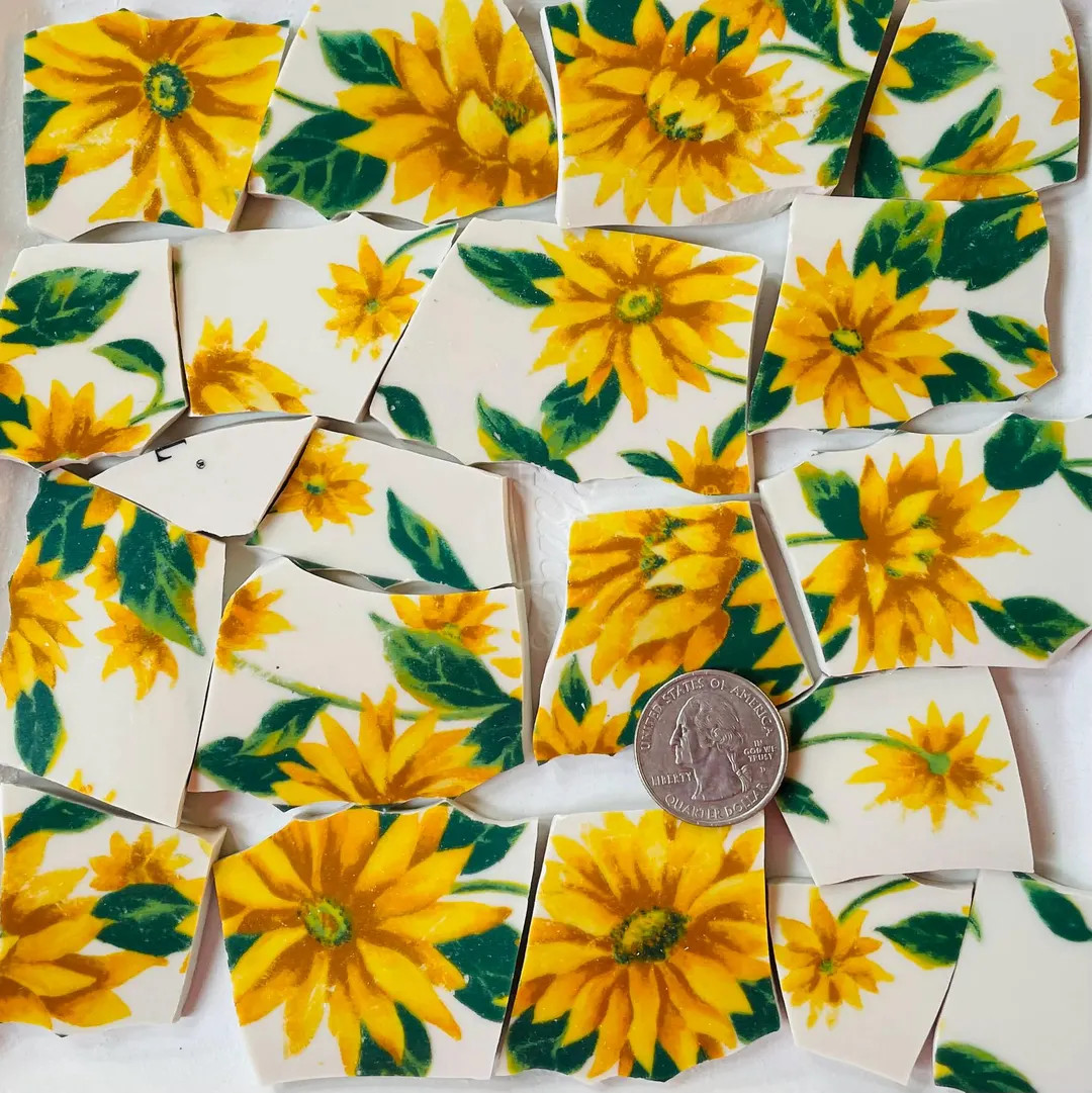 Broken China Mosaic Tile - Arts and Craft Supplies - Bright Yellow Flowers & Green Leaf Tiles F35... | Etsy (Global)