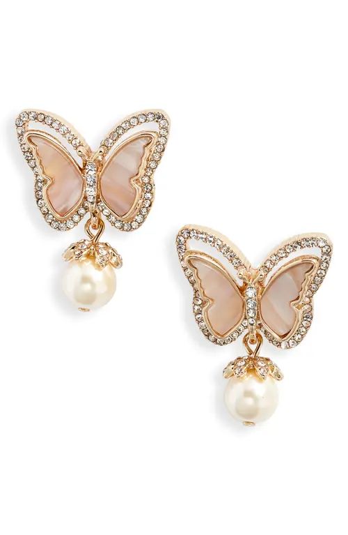 Marchesa Wonder Wings Butterfly Imitation Pearl Drop Earrings in Gold/Blush/Cry at Nordstrom | Nordstrom