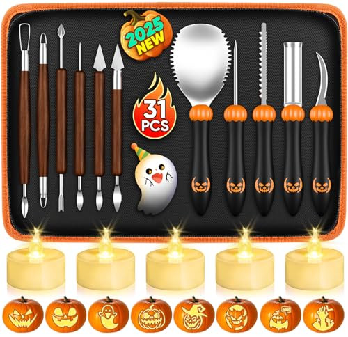 31 PCS Pumpkin Carving Kit: Pumpkin Carving Tools, Halloween Pumpkin Carving Kit with Stencils Candles Carrying Case, Professional Pumpkin Carving Set Knife for Adults Kids Family Halloween Party | Amazon (US)