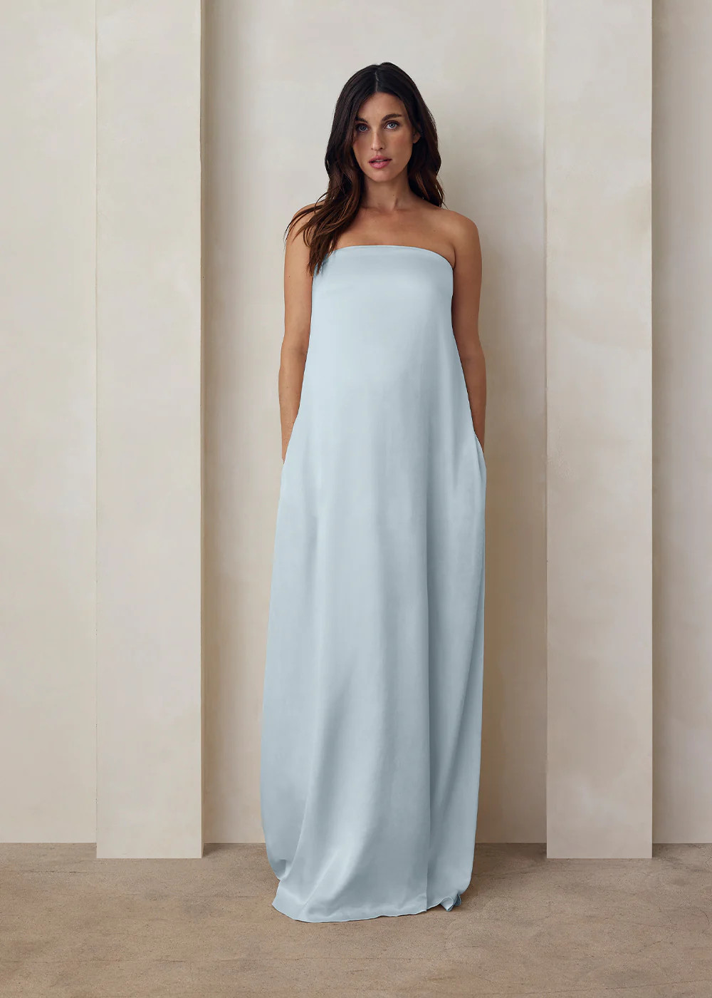 Brushed Satin Gown | Shop Bumpsuit Maternity Strapless Satin Gowns & Dresses | BUMPSUIT