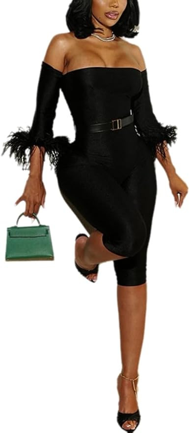 THLAI Sexy Off Shoulder Jumpsuits for Women Black Bodycon Jumpsuits One Piece Jumpsuit Clubwear | Amazon (US)