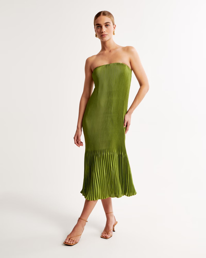 Strapless Pleat Release Midi Dress | Abercrombie & Fitch (US)