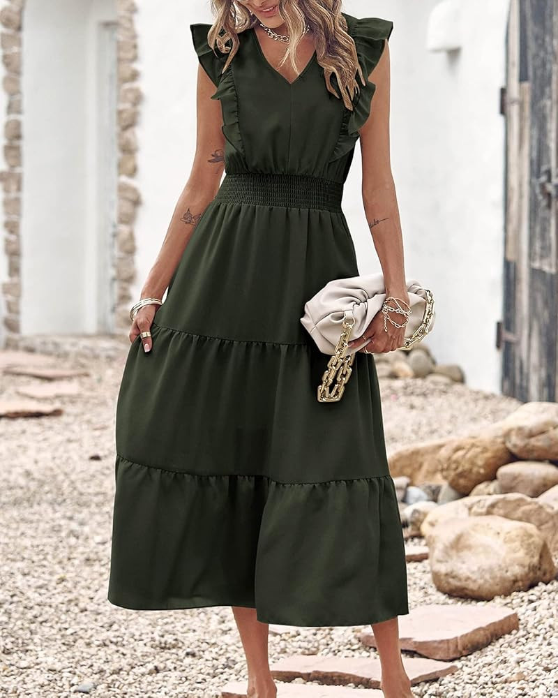 BTFBM Women's Ruffle Trim Sleeveless V Neck Maxi Long Dress Elastic Waist Pleated Swing Aline Elegan | Amazon (US)