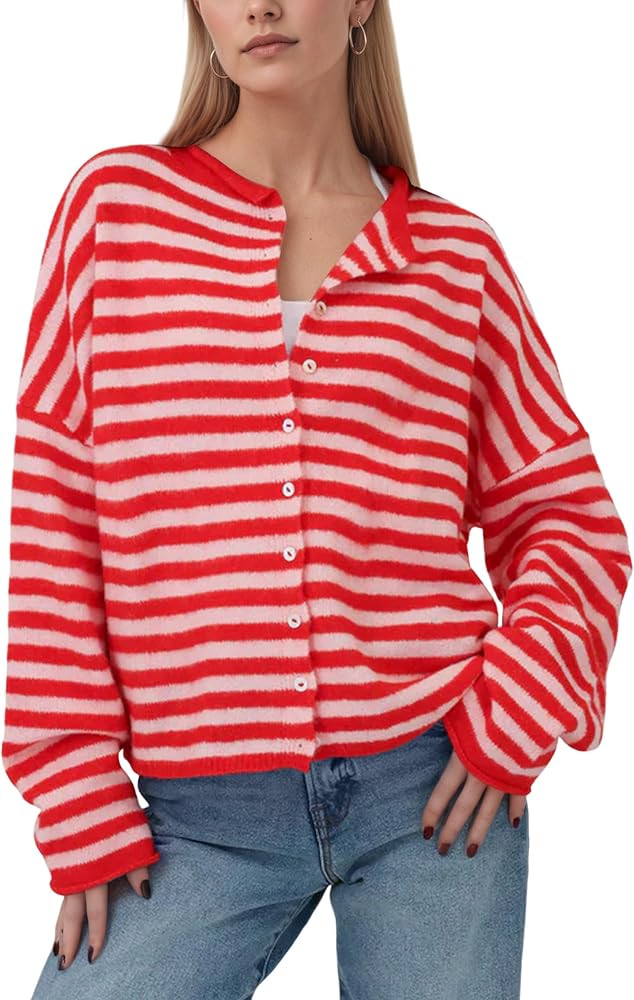 MISSACTIVER Women's Striped Cardigan Open Front Button Down Long Sleeve Loose Casual Knitted Swea... | Amazon (US)