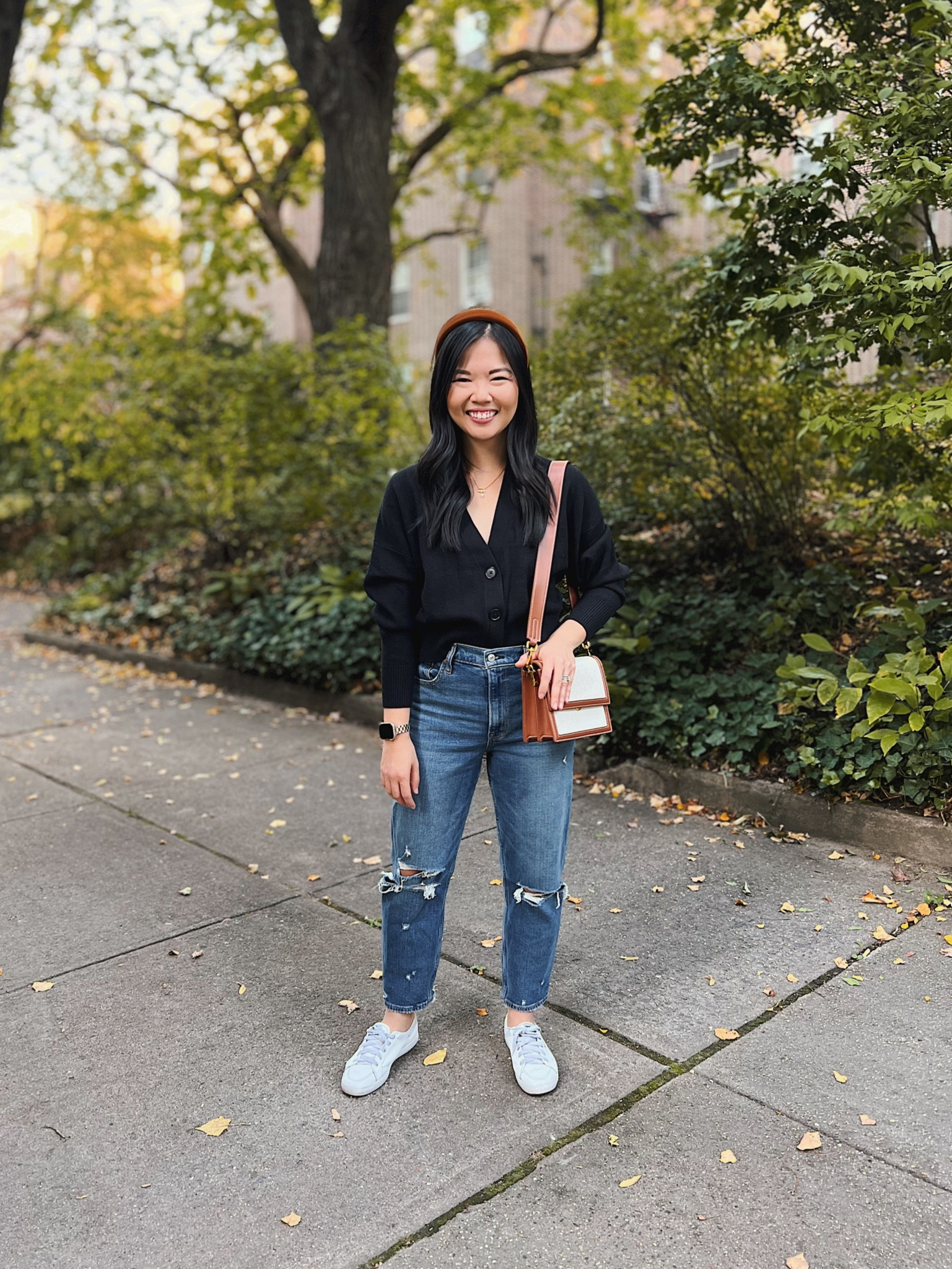 Casual outfit, mom outfit, weekend outfit, neutral outfit: similar black cardigan, ripped mom jeans (27S), brown canvas bag, brown velvet headband, white leather sneakers (TTS), gold delicate necklace.

#LTKSeasonal #LTKstyletip #LTKunder50