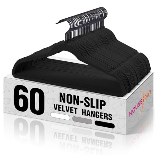 HOUSE DAY Black Velvet Hangers 60 Pack, Velvet Clothes Hangers Non Slip Felt Hangers, Heavy Duty Coat Hangers for Closet, Ultra Slim Hangers Black Hangers Space Saving Hangers for Suits, Shirt | Amazon (US)