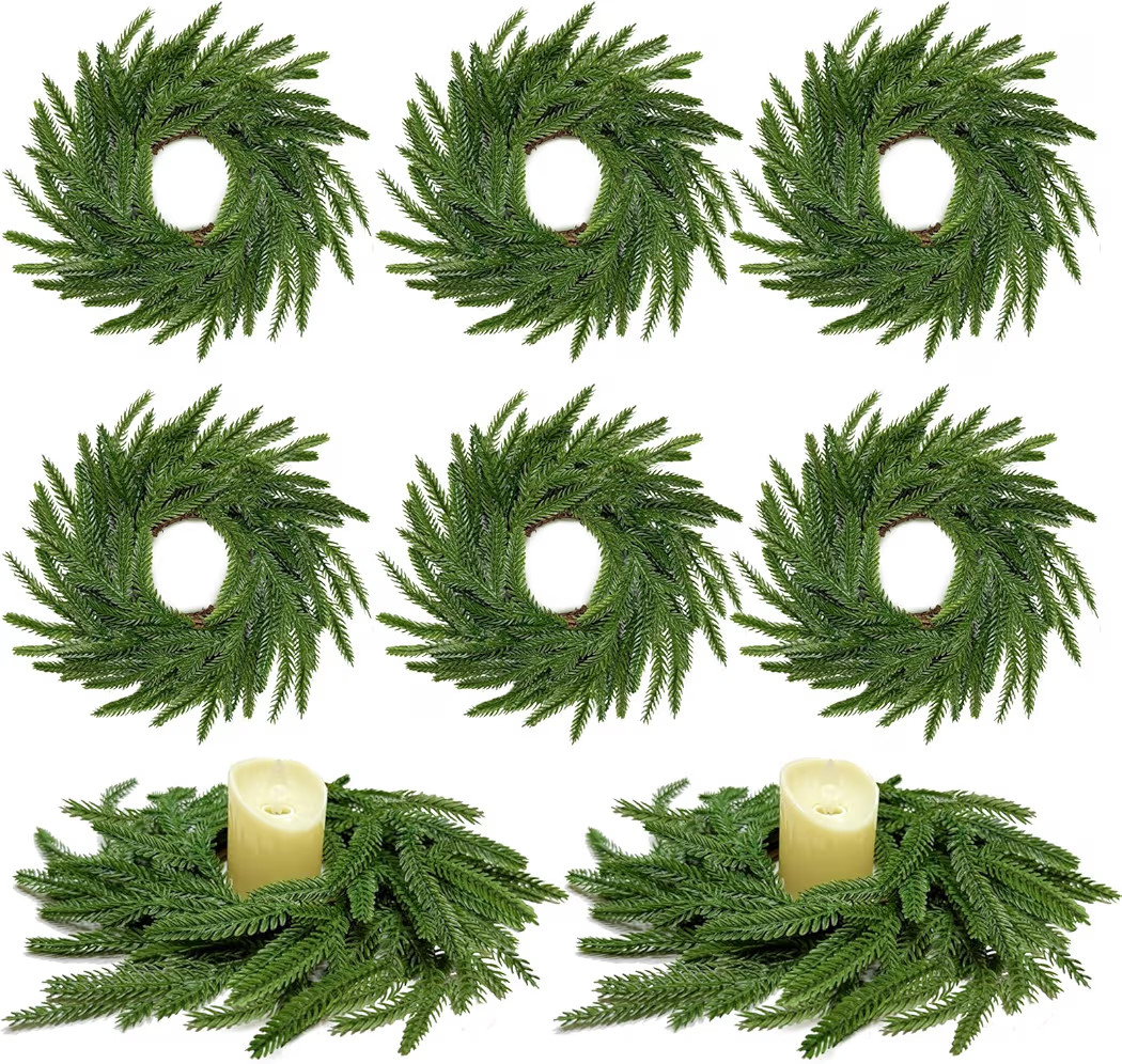 13.5 Inch Norfolk Pine Wreath Candle Rings, 6 Pcs Realistic Soft and Full Mini Christmas Wreath T... | Amazon (US)