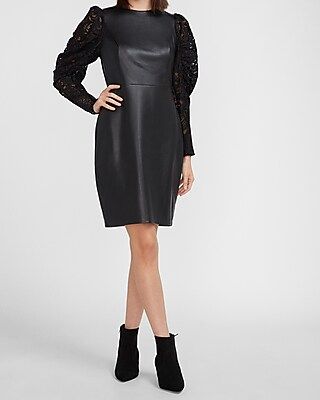 Faux Leather Lace Puff Sleeve Dress | Express