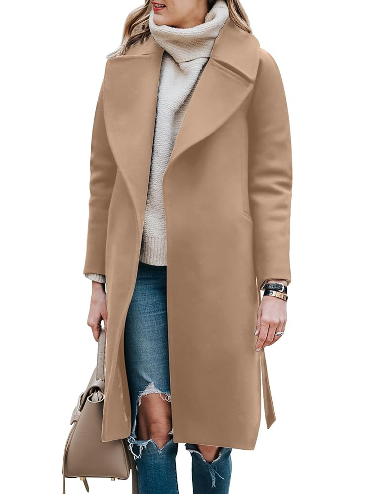 BZB Women's Trench Coat Long Wool Blend Pea Coat Winter Casual Overcoat Notched Lapel Collar Belt... | Amazon (US)