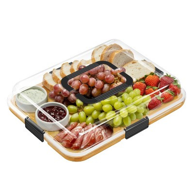 Charcuterie Board with Clear Lid, Bamboo Cheese Cutting Board with 1 Compartments, Picnic Serving Tray with Black Handles | Target