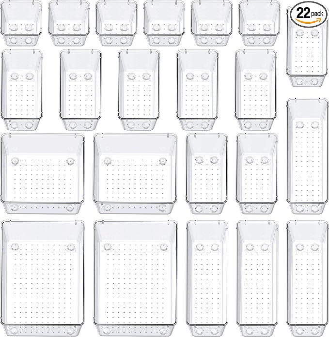 SMARTAKE 22-Piece Drawer Organizer with Non-Slip Silicone Pads, 5-Size Clear Desk Storage Tray fo... | Amazon (US)