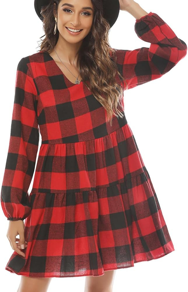FANCYINN Womens Long Sleeve Buffalo Plaid Shift Tunic Dress Ruffle Hem Vneck Casual Swing Babydol... | Amazon (US)