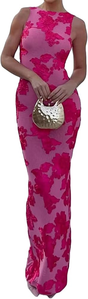 Qikaka Women's Sleeveless O Neck Flowers Embroidered Bodycon Sexy Nightclub Party Dress | Amazon (US)