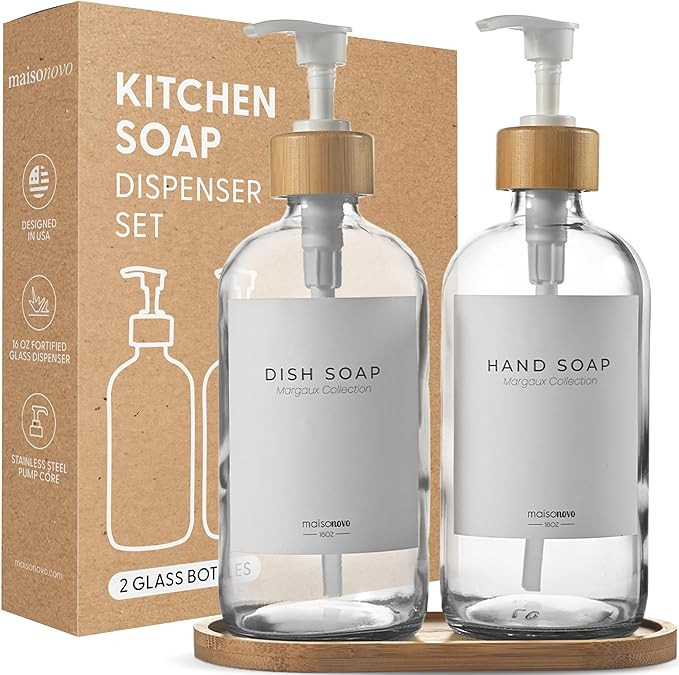 MaisoNovo Kitchen Soap Dispenser Set - Glass Soap Dispenser with Pump - Clear Bamboo White Pump 1... | Amazon (US)