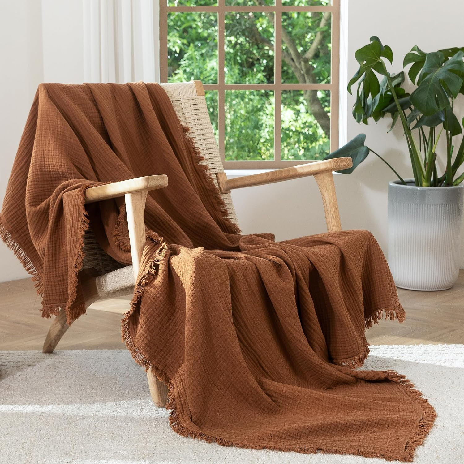 MooMee 100% Cotton Muslin Blanket, Fringed 4-Layer Gauze Bed Couch Throw | Amazon (US)