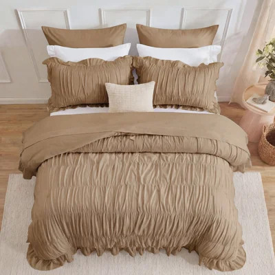 Taupe Ruffle Duvet Cover Set King Size,Ruched Boho Bedding 3 Pieces Luxury Wrinkle Ruffle Comforter Cover Set,Breathable and Soft Microfiber Quilt Cov | Wayfair North America