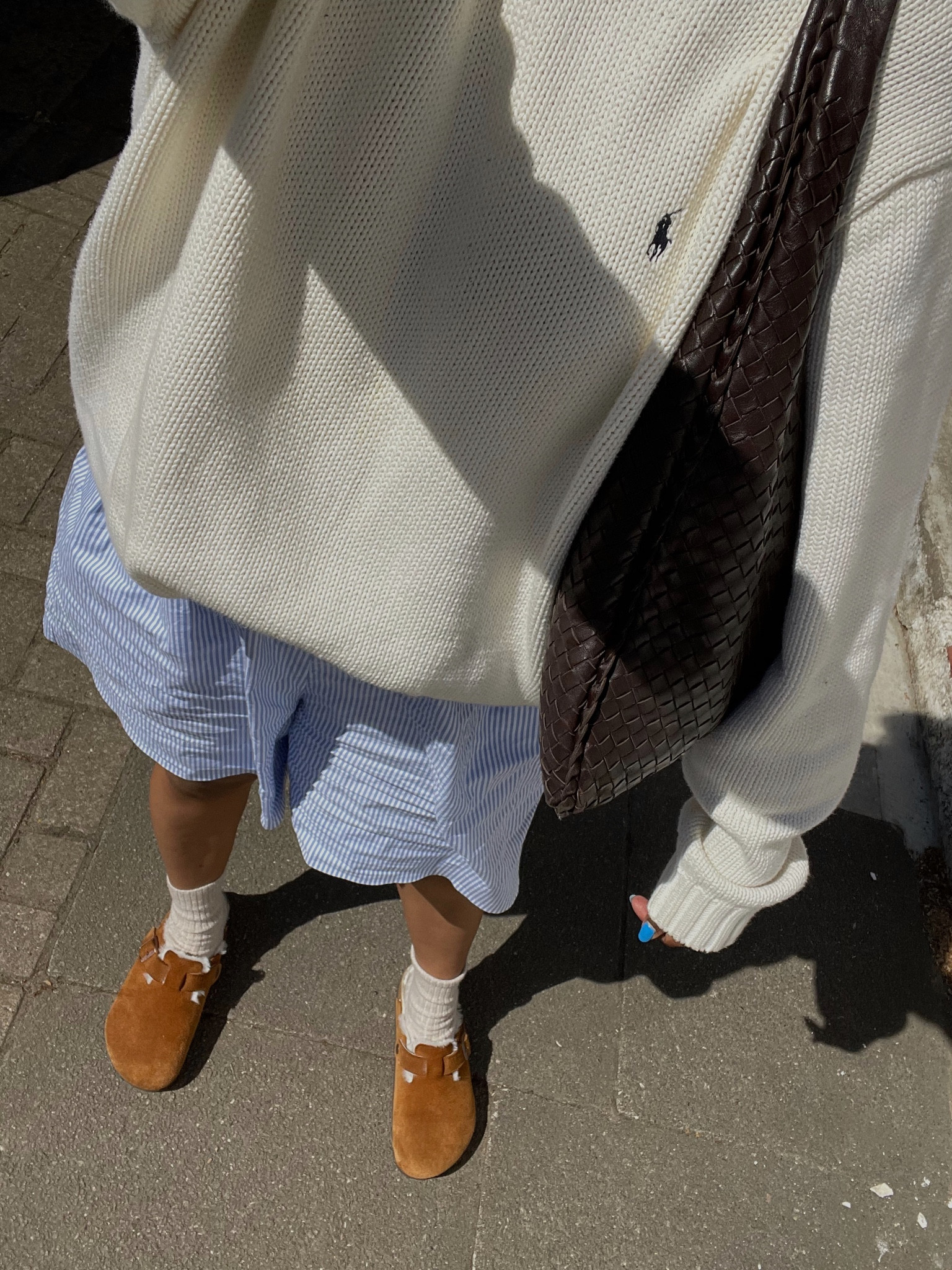 Boston clogs, suede shoes, slip on shoes, ribbed socks, white socks, striped shorts, blue stripe shorts, pyjama shorts, knit jumper, white knit, crew neck jumper, brown bag, leather bag, weave bag, Dragon Diffusion, Anthropologie, With Nothing Underneath, Birkenstock, Ralph Lauren, Uniqlo

#LTKeurope #LTKSeasonal #LTKstyletip