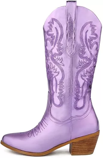 Athlefit Women's Western Embroidered Cowboy Boots Pointed Toe Chunky Heel  Pull On Knee High Boots